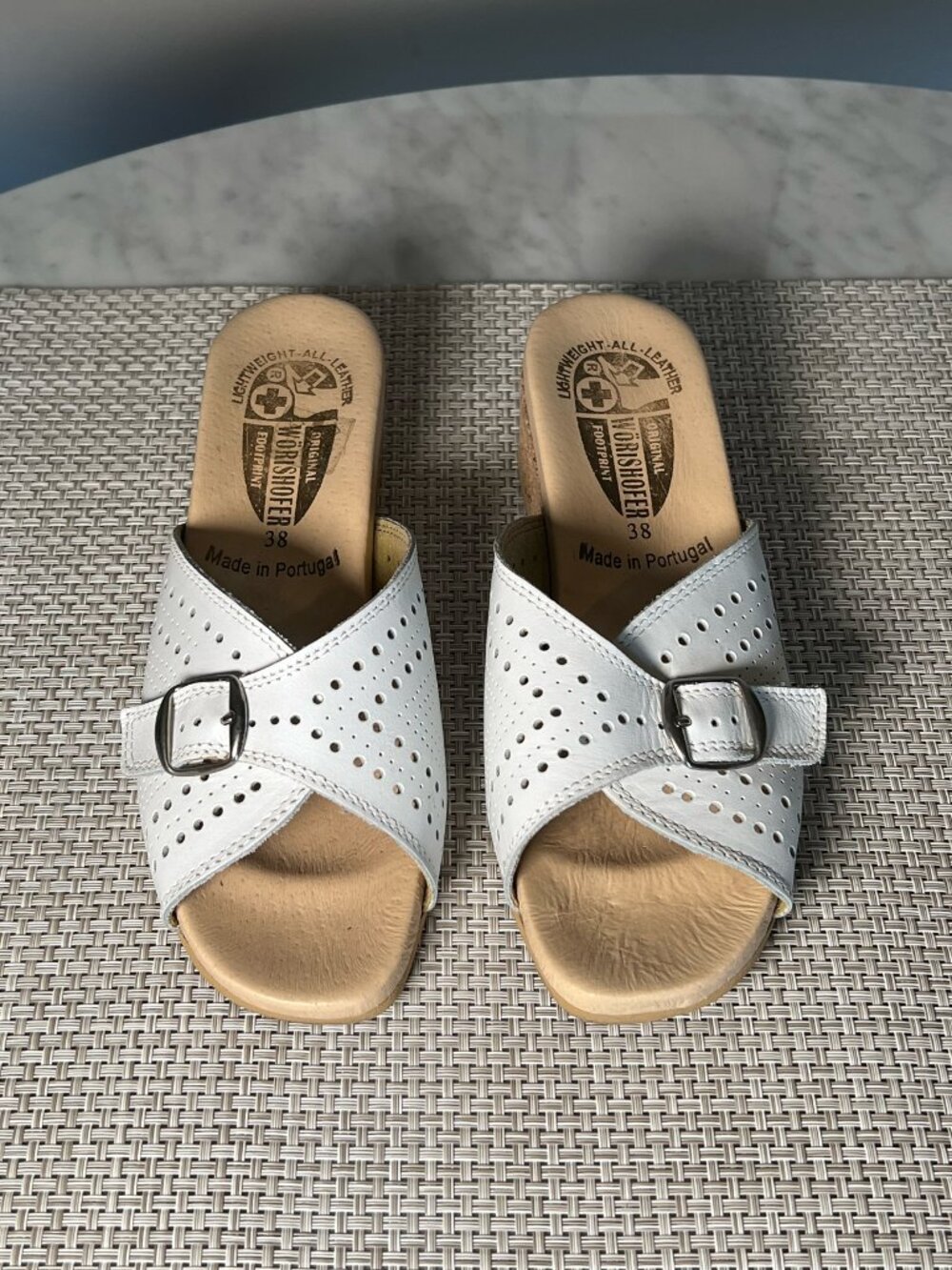 WORISHOFER White Perforated Leather Slide Sandals with Buckle
